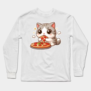 cute cat fat eat pizza slice cartoon illustration Long Sleeve T-Shirt